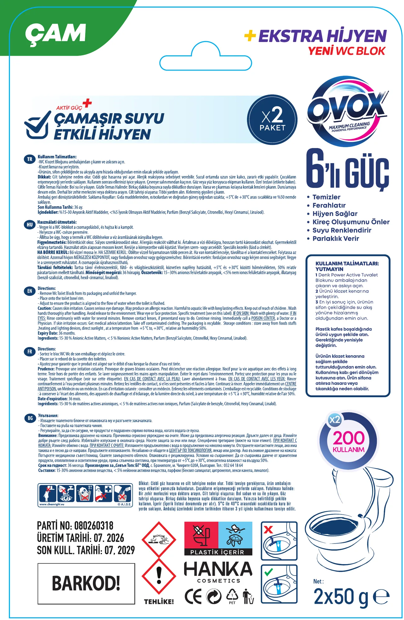 OVOX WC Blok Çam İkili paket ambalajının beş dilli arka yüzü