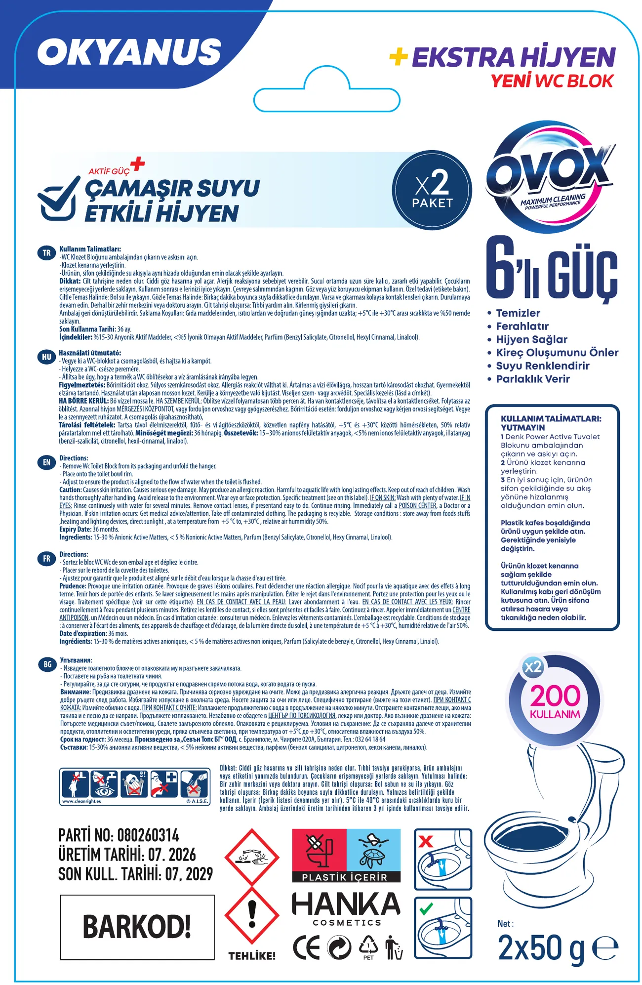 OVOX WC Blok Okyanus İkili paket ambalajının beş dilli arka yüzü