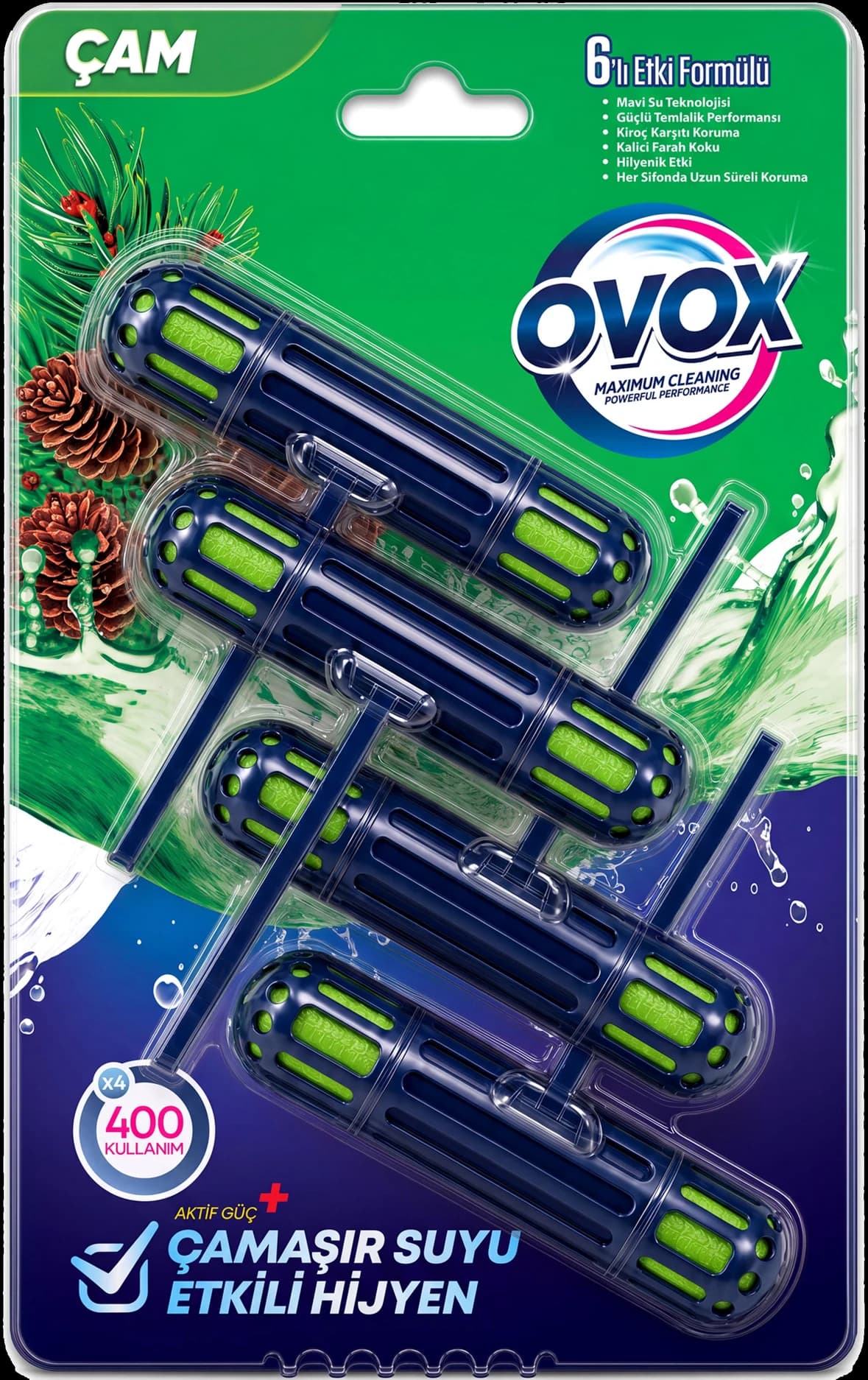 OVOX WC Blok Çam Dörtlü paket ambalajının ön yüzü