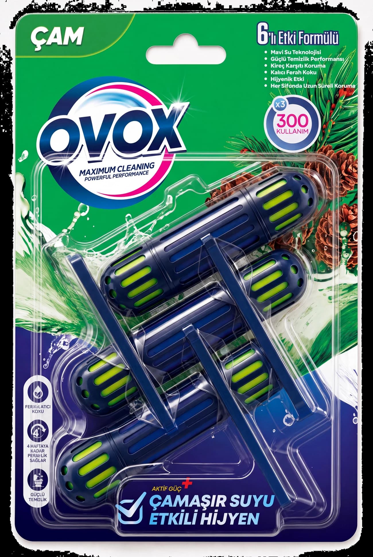 OVOX WC Blok Çam Üçlü paket ambalajının ön yüzü