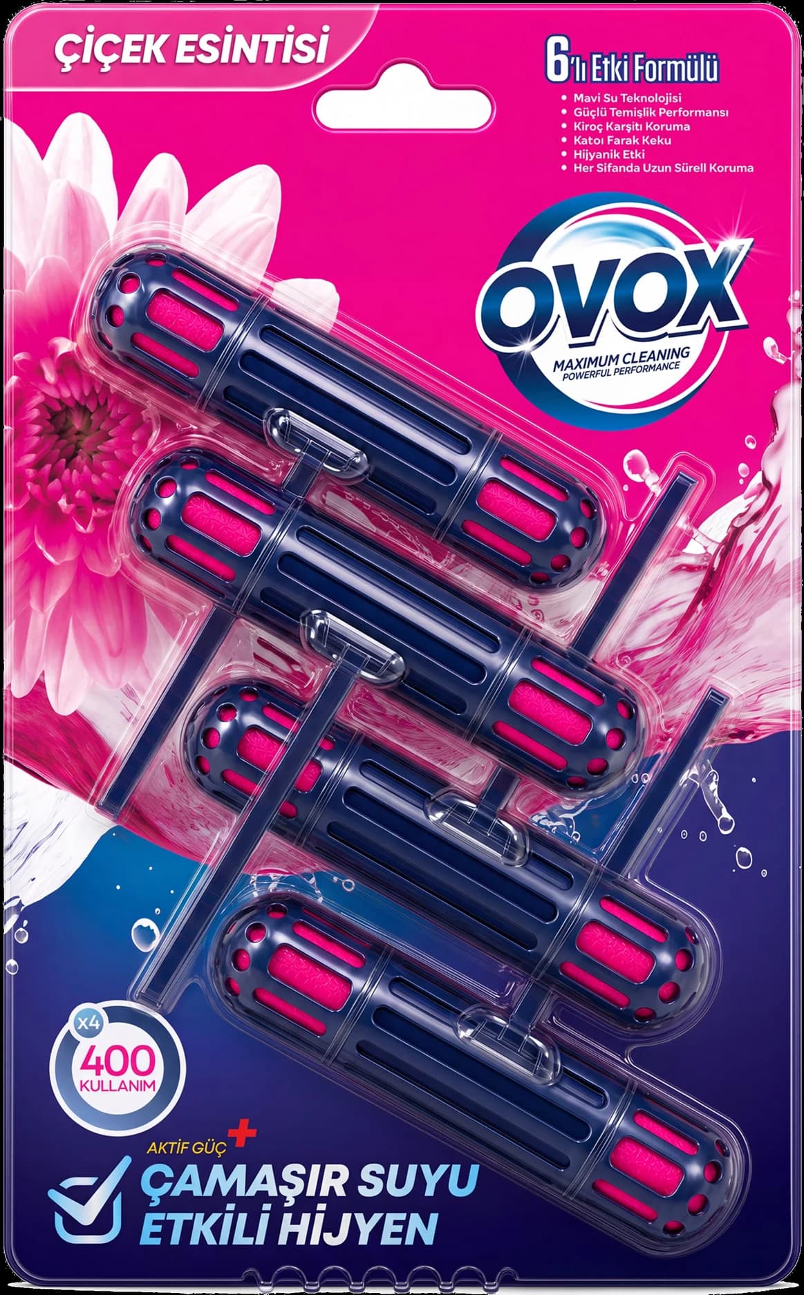 OVOX WC Blok Çiçek Esintisi Dörtlü paket ambalajının ön yüzü