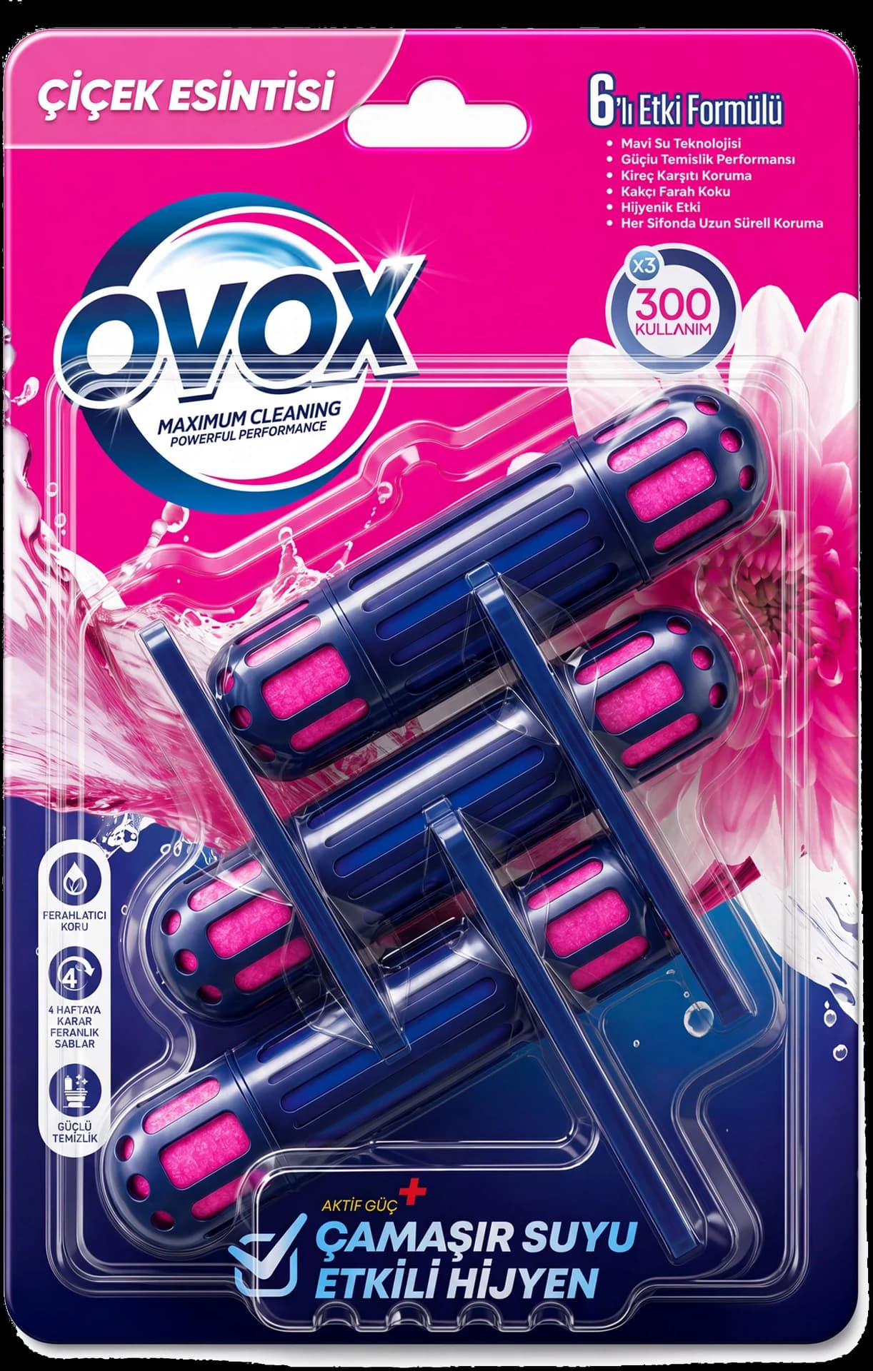 OVOX WC Blok Çiçek Esintisi Üçlü paket ambalajının ön yüzü