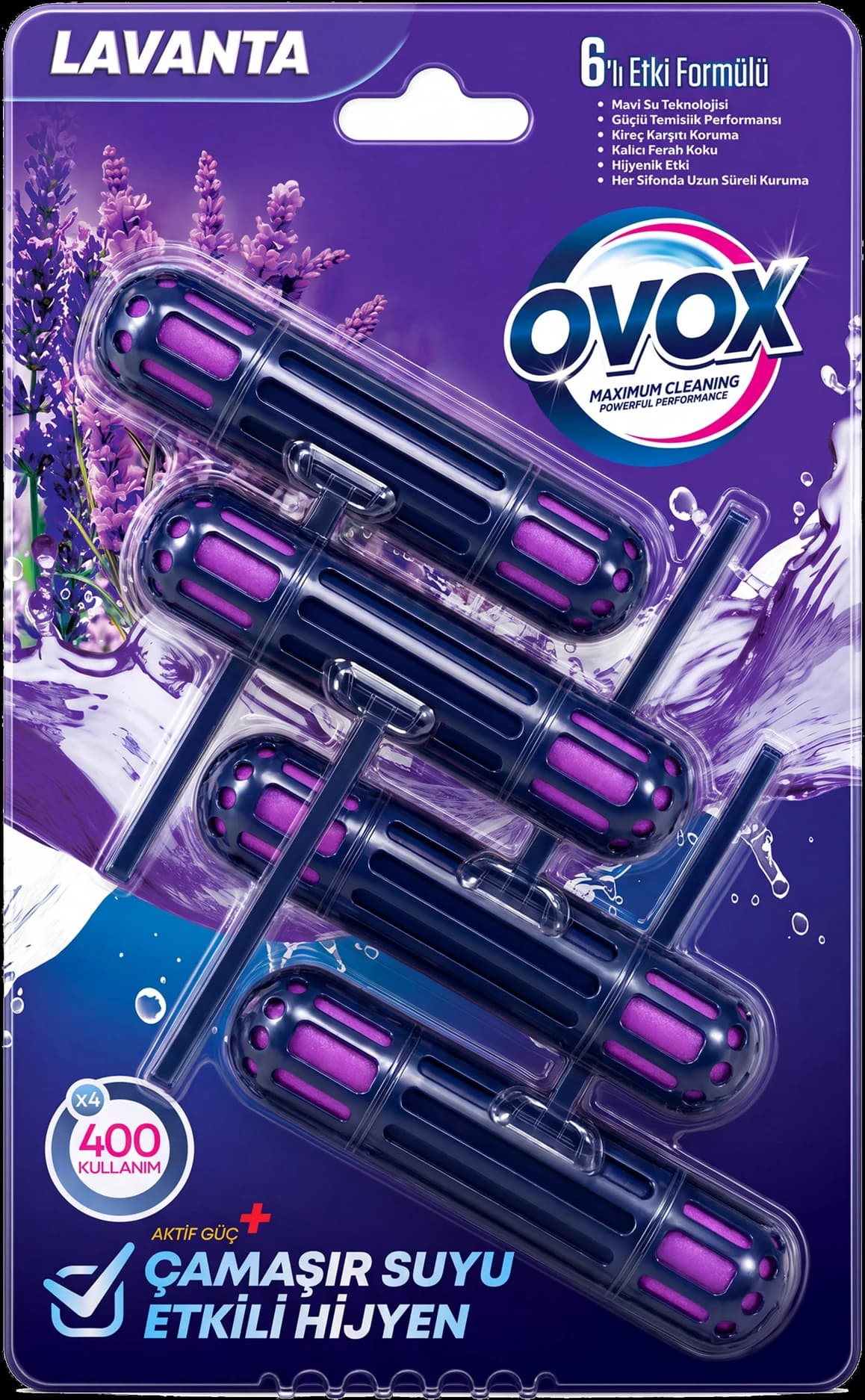 OVOX WC Blok Lavanta Dörtlü paket ambalajının ön yüzü