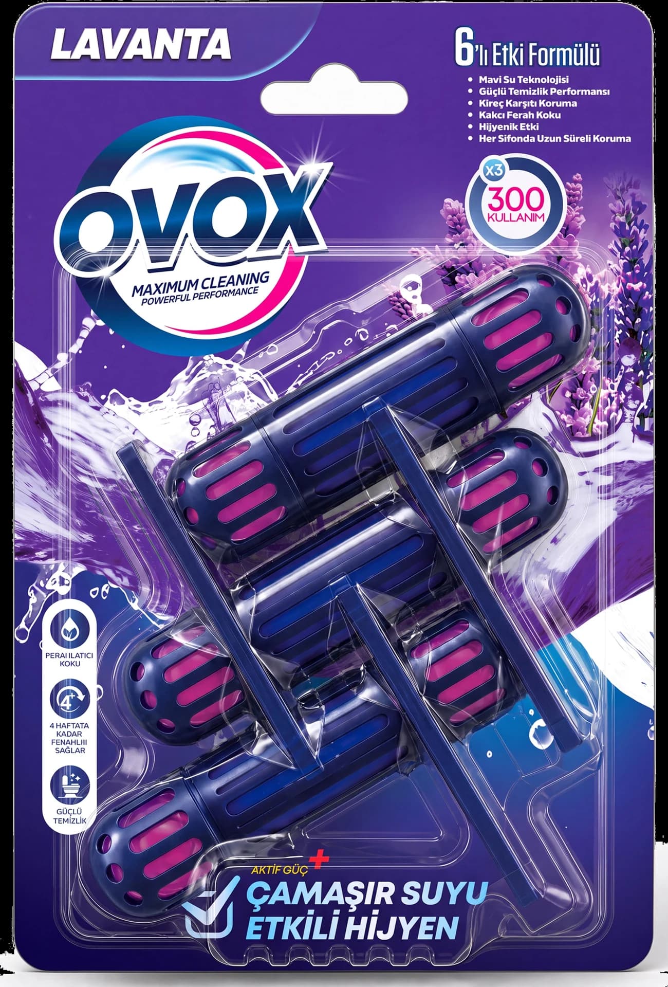 OVOX WC Blok Lavanta Üçlü paket ambalajının ön yüzü