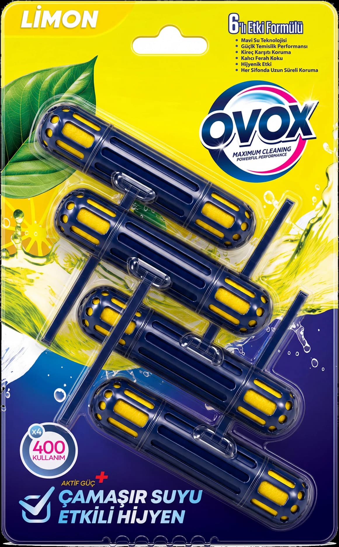 OVOX WC Blok Limon Dörtlü paket ambalajının ön yüzü