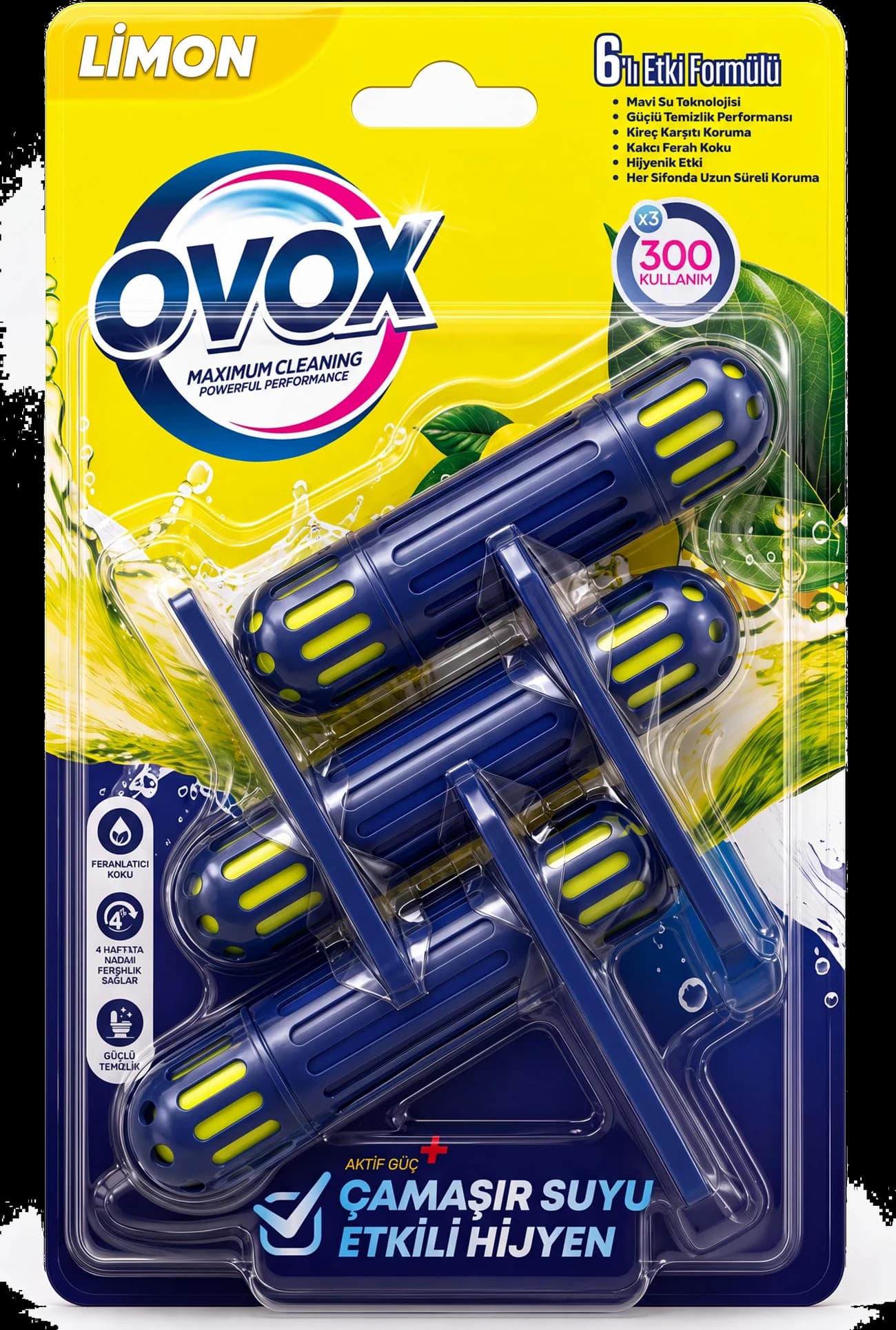 OVOX WC Blok Limon Üçlü paket ambalajının ön yüzü