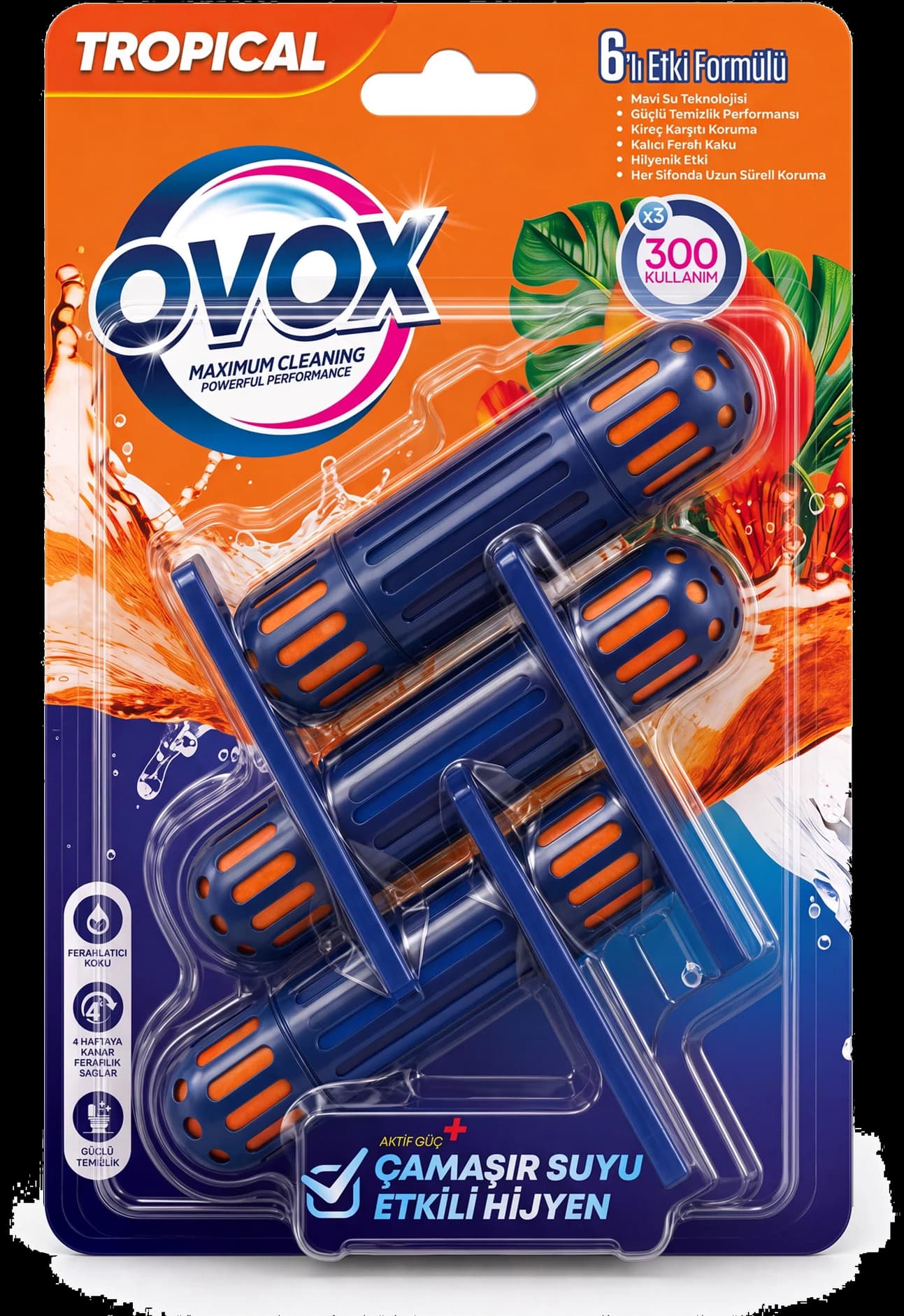 OVOX WC Blok Tropikal Üçlü paket ambalajının ön yüzü