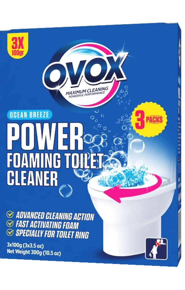 Ocean Breeze kokulu OVOX Power Foaming Toilet Cleaner kutusu